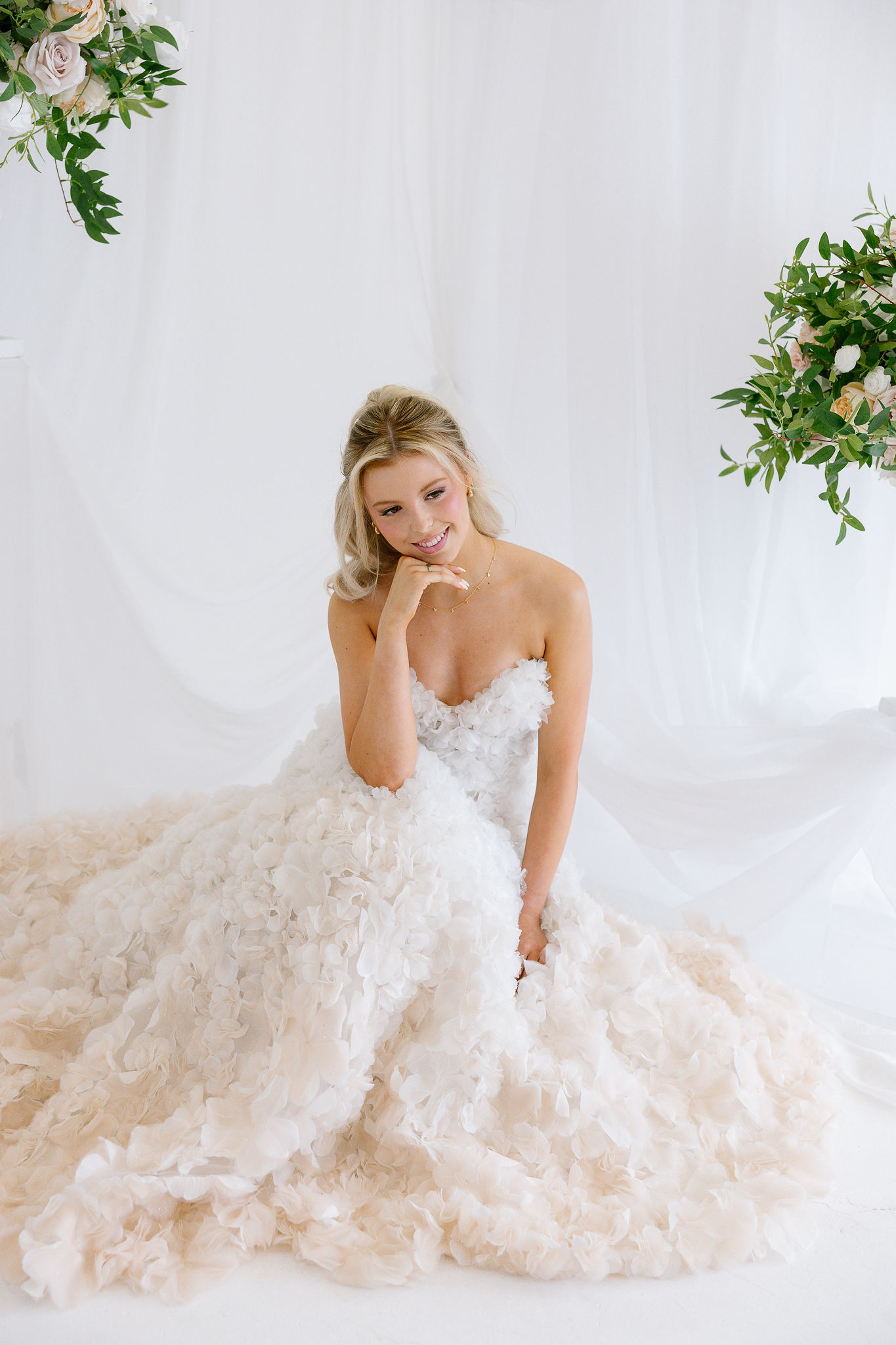 Opus Couture bridal gown paired with soft half up curls and dewy makeup created by Hannah Bailey during a Glasgow portfolio session.